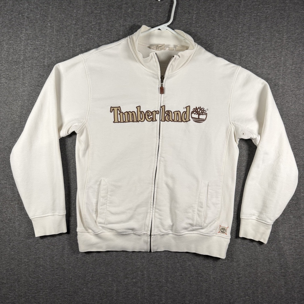 Timberland Sweatshirt M Cream Full Zip Embroidered Spell Out Logo Pockets Tree